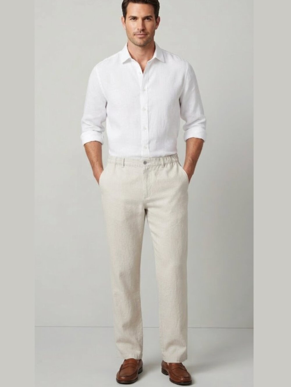 Caribbean Men's 34x32 100% Linen Pants Beige Flax Straight Leg Coastal Resort